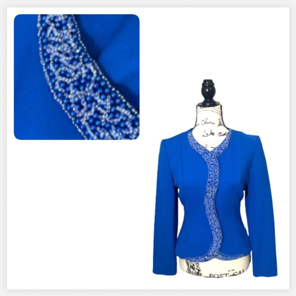 Rina diMontella vintage royal blue blazer‎ beaded collarless neckline medium
